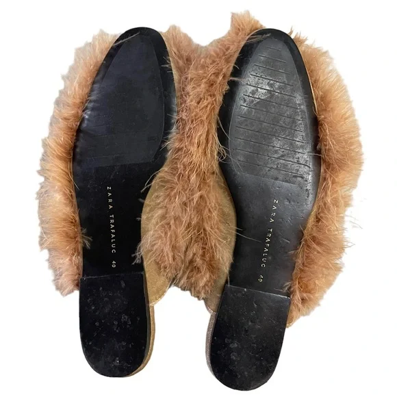 Zara Trafaluc Feathered Fuzzy Slip On Mules Size 40 - Picture 4 of 9